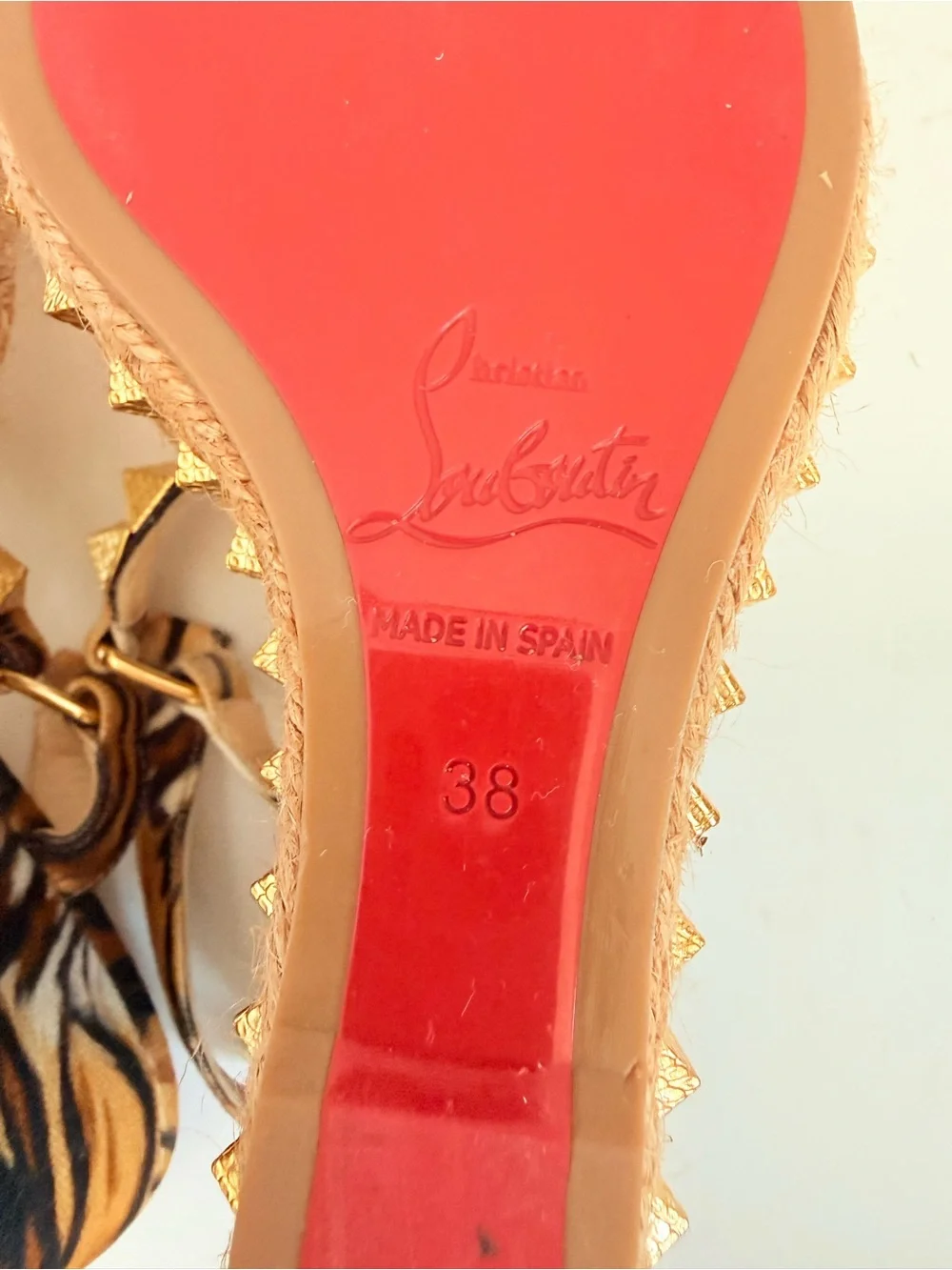 Christian Louboutin Pyraclou 110 Tivoli Gold Stud Espadrille Wedge Sandals 38